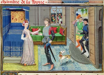 Sra. 5072 fol.130v Maugis de Aigremont e Isanne no quarto da rainha, do ciclo Renaud de Montauban